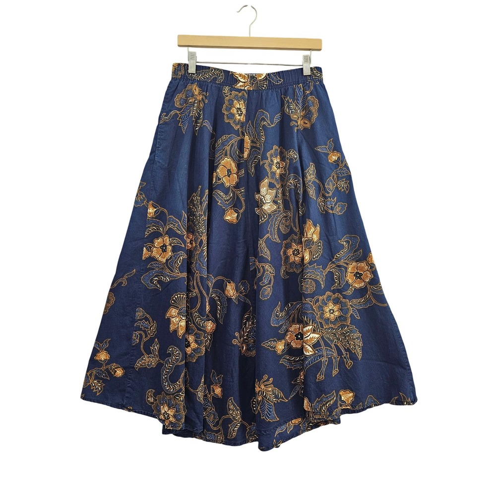 VINTAGE 1980s Banana Republic Batik Cotton Skirt Small Blue A-Line Midi Pocket
